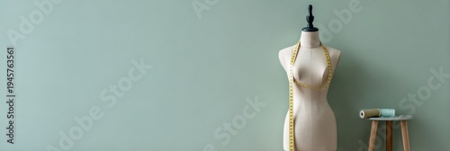 Mannequin green measuring tape dressform with stool thread and minimal studio backdrop for tailoring and fashion design
