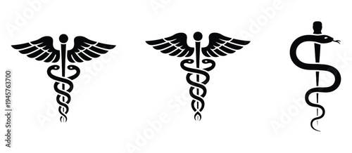 Healthcare and pharmacy icon set, vector symbols including medical cross, caduceus, Rod of Asclepius, Star of Life, and bowl with snake and rod, representing medical services, healthcare, pharmacy, 