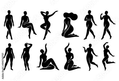 Dancers perform various poses in a studio setting with black silhouettes.