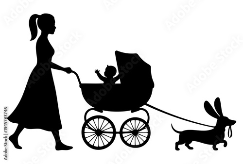 Woman pushes baby stroller with dog running alongside on sunny day outside