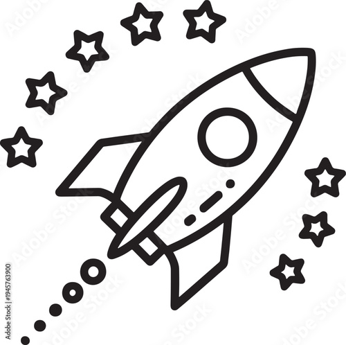 Black and white rocket launching with stars space