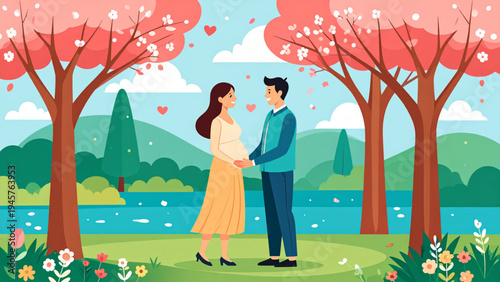 Expecting Couple Walking in Nature – Pregnant Woman and Husband Family Vector Illustration