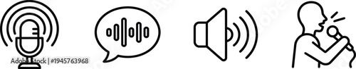 A set of simple line icons representing audio and communication concepts