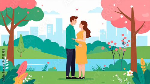Expecting Couple Walking in Nature – Pregnant Woman and Husband Family Vector Illustration