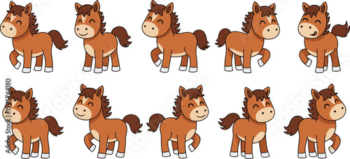 Cute cartoon horse character collection, adorable farm animal pony poses vector illustration set for kids, nursery design and children education materials