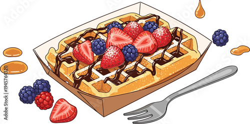 Belgian waffle dessert topped with strawberries, blackberries, chocolate sauce and syrup in takeaway tray sweet breakfast vector illustration
