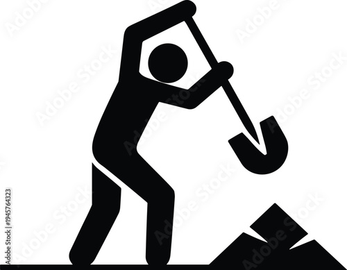 Worker digging ground with shovel, manual labor construction concept, excavation activity symbol, industrial worker silhouette vector illustration isolated