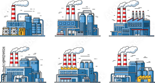 Industrial factory plants collection with chimneys, power stations and manufacturing facilities, modern heavy industry infrastructure vector illustration isolated set
