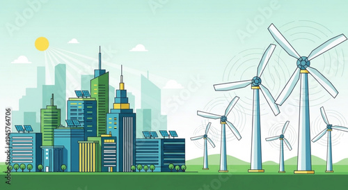 Sustainable cityscape with wind turbines and skyscrapers under sunny sky with green landscape