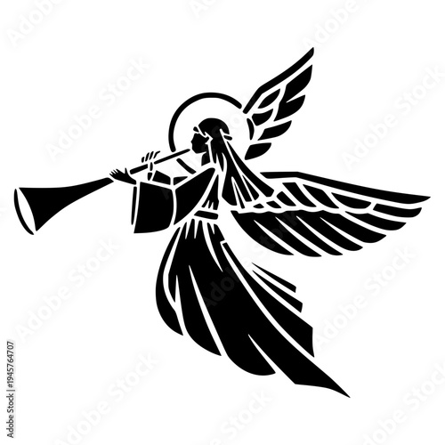 A minimalist black silhouette of an angel blowing a trumpet with wings spread wide on a white background