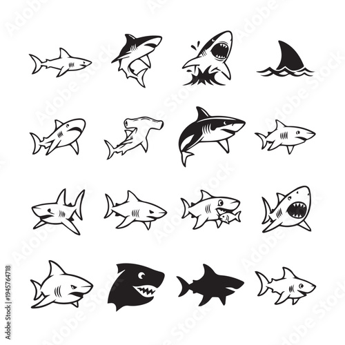 Shark Icons Collection: Various Species and Poses Simple Line Art Style