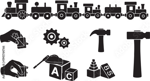 Black and white illustration of childhood learning tools icons