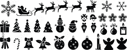 Christmas silhouettes collection, festive vector art, holiday icons design, winter celebration outline, Santa sleigh reindeer, snowflakes trees ornaments gifts