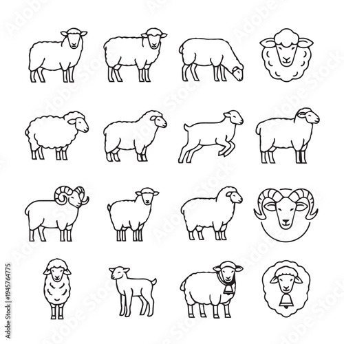 Sheep and Ram Collection Line Art Icons Farm Animals Diverse Poses Stock Graphics