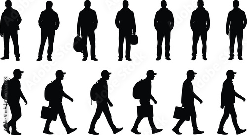 Men walking and standing silhouettes collection, people with backpack and briefcase poses, business and casual male characters vector