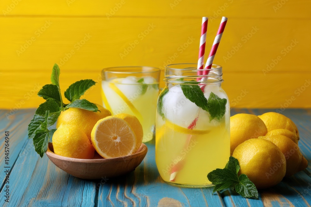Fototapeta premium Mason jar lemonade with mint and striped straws on blue wooden table lemons and leaves vibrant summer refreshment