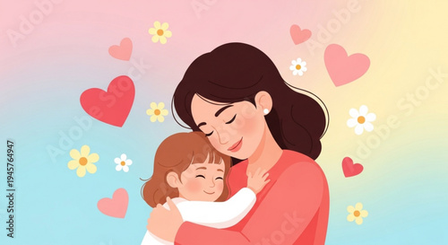 Mother and child hugging with hearts and flowers in pastel background