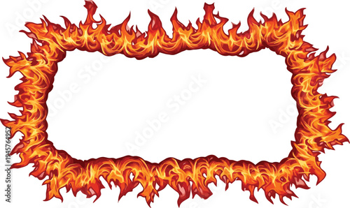 A fiery rectangular frame with flames on a white background for graphic design use