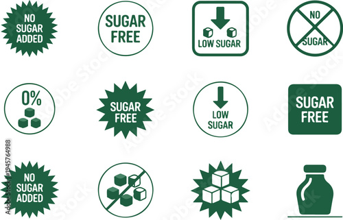 No sugar added icon set with 0 percent sugar free labels and green healthy food packaging vector symbols