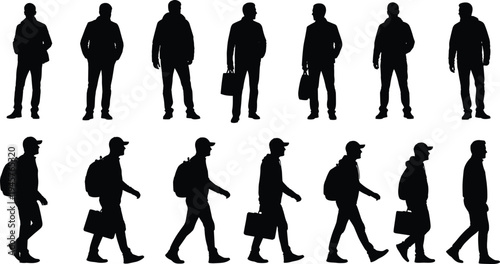 Men walking and standing silhouettes set, male people with backpack and briefcase poses, urban commuter characters vector