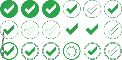 Green Check Mark Icon Set Vector Collection with Circle Tick Symbols Approval Verification Success Checkbox UI Elements for Web Interface and App Design