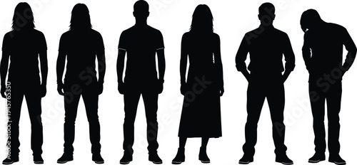 People standing silhouettes collection with men and woman in casual poses isolated on white background human character set