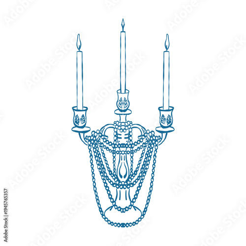 A hand-drawn vintage wedding candelabra with candles and blue pearl beads. Vector outline illustration of a festive antique candelabra in a retro sketch style.