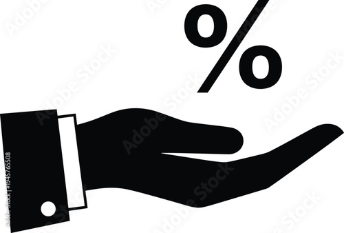Discount percentage icon with hand silhouette, financial sale symbol, interest rate sign, business finance concept vector illustration