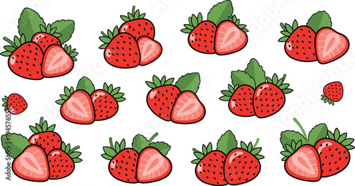 Fresh Strawberry Fruit Vector Set with Whole and Cut Berries Green Leaves Sweet Dessert Illustration for Organic Food Design Summer Menu and Healthy Nutrition