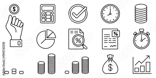 Finance and business management icons set featuring calculator, clock, charts, and money symbols