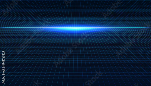 Futuristic 3D perspective grid background in neon blue, featuring a bright glowing light at the central horizon line. Digital landscape symbolizes cyberspace, data visualization, and virtual reality.