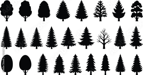 Tree silhouette collection isolated on white background, pine fir forest trees set, nature woodland botanical vector shapes bundle