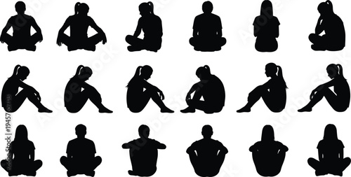 People sitting silhouette collection isolated on white background, men women cross legged seated poses, human posture vector illustration