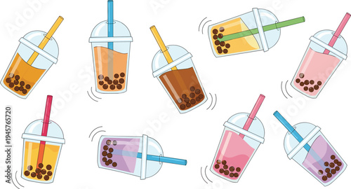 Bubble Tea Drink Vector Set with Tapioca Pearls Colorful Boba Milk Tea Cups Illustration for Cafe Menu Beverage Branding and Summer Drink Design