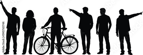 People standing silhouettes with bicycle and pointing gestures showing casual men and woman characters isolated on white background