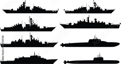 Military warships, naval fleet, submarine, destroyer silhouettes, navy vessels, maritime defense, naval warfare ships collection, vector isolated set