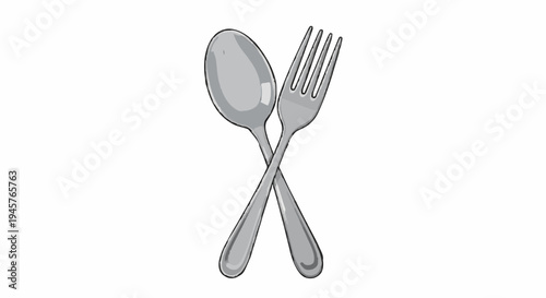 A simple and clean graphic illustration of a spoon and fork crossed over each other on a white background, representing dining or eating utensils