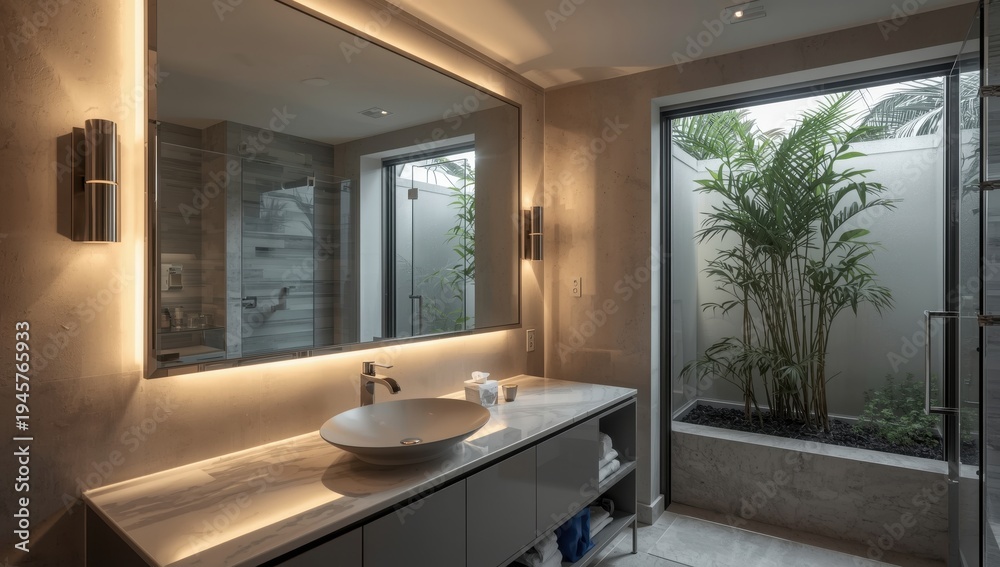 Fototapeta premium Chic, contemporary bathroom featuring a spacious mirror and illumination