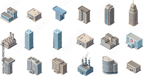 Isometric city buildings set, urban architecture collection with skyscrapers, offices, hospital and factory, modern city infrastructure vector illustration