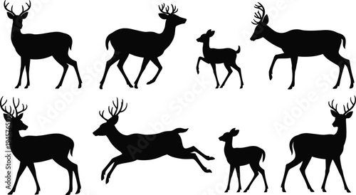 Deer silhouettes in motion, wildlife vector art, forest animal outline, antler design, nature symbol, standing walking leaping deer illustration
