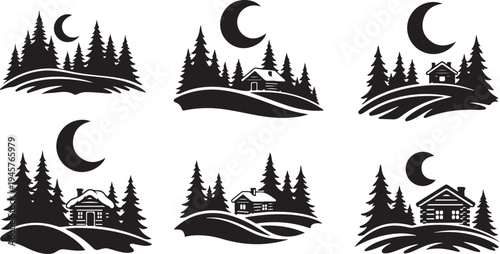 Black and white forest landscape with houses and moon