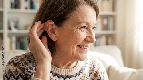 A smiling senior woman adjusts her behind-the-ear hearing aid. She looks happy and content in a bright room