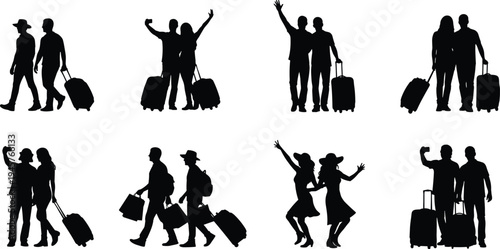 Travelers with luggage silhouette collection isolated on white background, happy tourists walking celebrating vacation trip airport travel vector