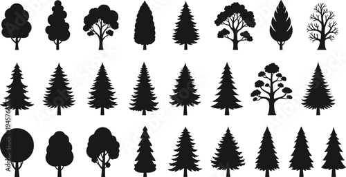 Tree silhouette collection isolated on white background, pine fir spruce forest trees set, woodland nature botanical vector bundle