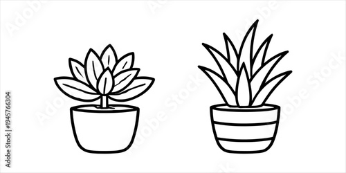 Minimalist Line Art Potted Succulents and Houseplants Vector Illustration Set