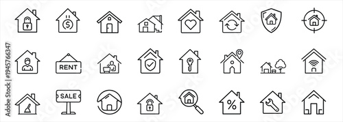 Residential property management and home services outline icon featuring house security system, real estate rental listing, architectural building design more vector illustration or editable stroke.