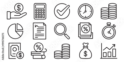 Business and Finance Line Icon Set for Banking and Accounting