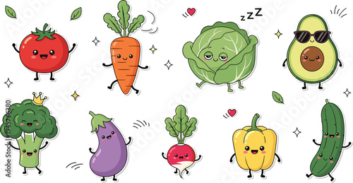 Cute cartoon vegetable characters vector set with tomato, carrot, cabbage, avocado, broccoli, eggplant, radish, pepper and cucumber illustration