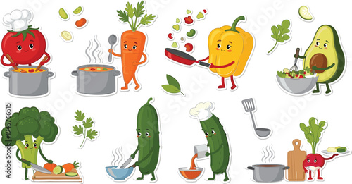 Cute cartoon vegetables cooking food set, funny healthy food characters preparing soup salad and meals, adorable kitchen mascot vector illustration
