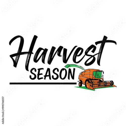 Harvest season logo with combine harvester and green grass tshirt design